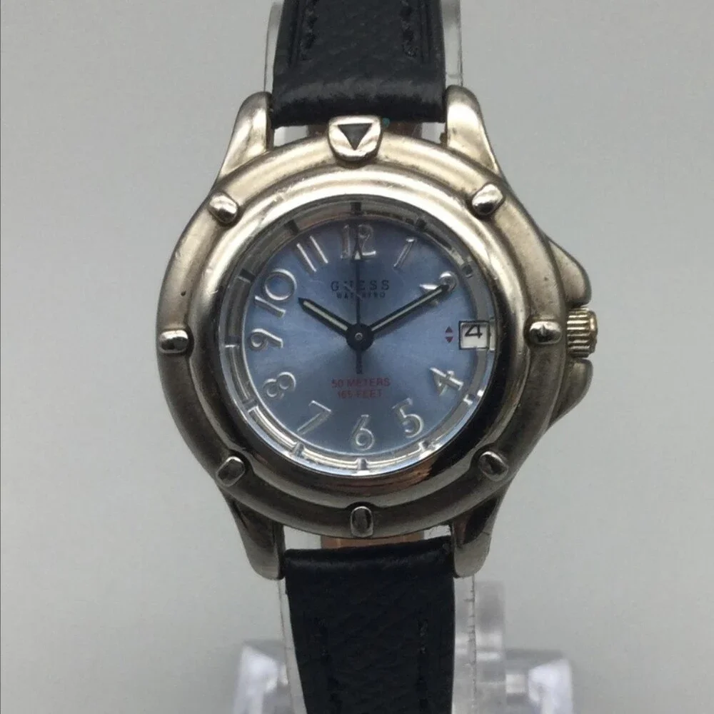 Guess Waterpro Womens Watch 28mm Blue Dial Black Leather 50M New Battery